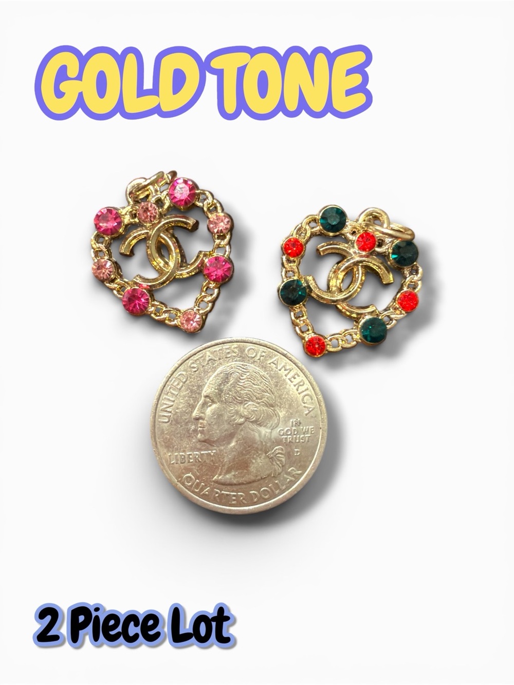Lot of 2 CC Gold Tone Heart Zipper Pull Button Charms 20mm